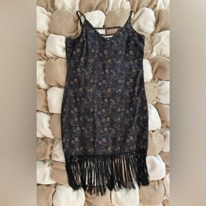 Idyllwind Black Floral Midi Dress with Fringe